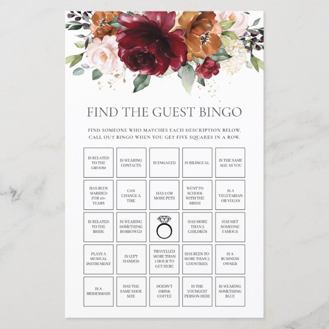 Lámina Burgundy Floral Fun Bridal Encontrar Bingo Invitad (Anverso)
