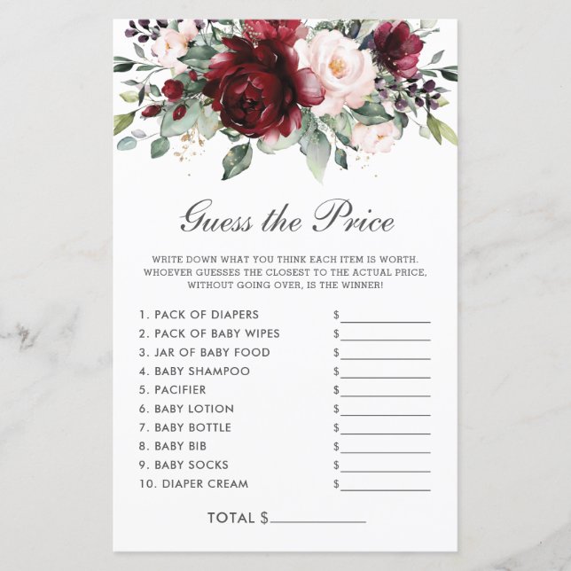 Lámina Burgundy Floral Price Guidance Baby Shower Game (Anverso)