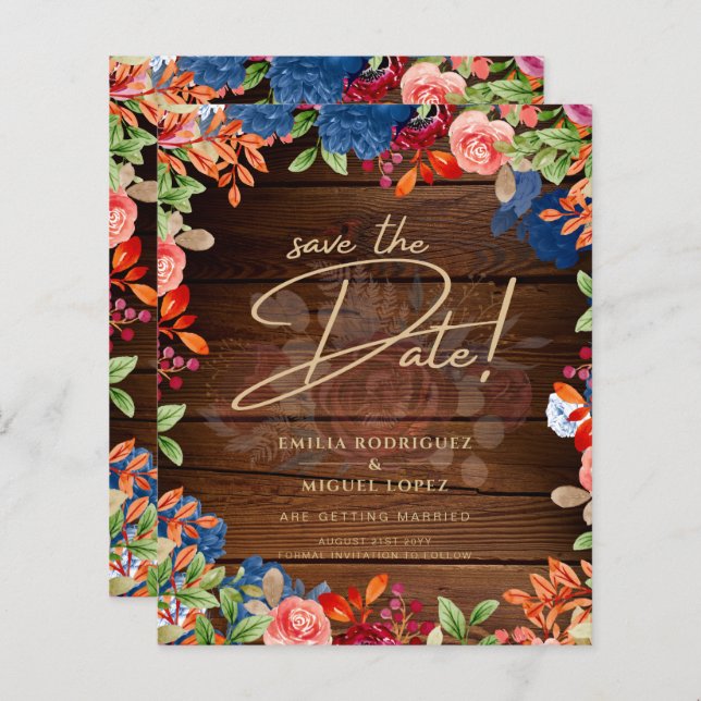 Lámina Burgundy Floral Rustico Boda GUARDE LA FECHA (Anverso / Reverso)