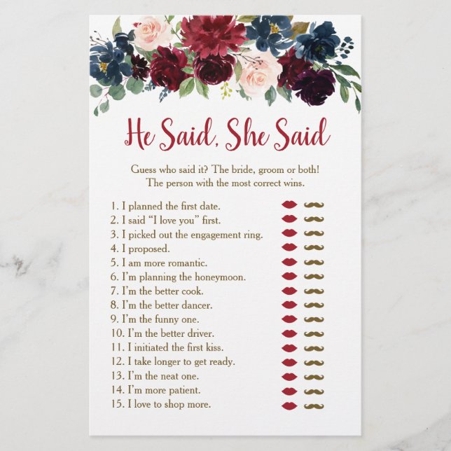 Lámina Burgundy & Naval Floral Dijo Que Dijo Juego (Anverso)