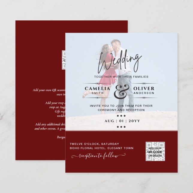 Lámina Burgundy Photo Wedding Invitar código QR Guardar f (Anverso / Reverso)