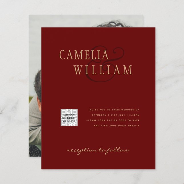 Lámina Burgundy Photo Wedding Invitar código QR Guardar f (Anverso / Reverso)