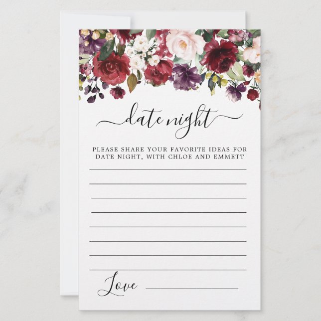 Lámina Burgundy Red Rubor Pink Floral Date Night Card (Anverso)