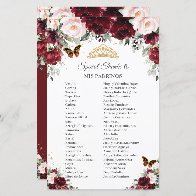 Lámina Burgundy Rubor Floral Mis Padrinos Quinceañera (Anverso / Reverso)