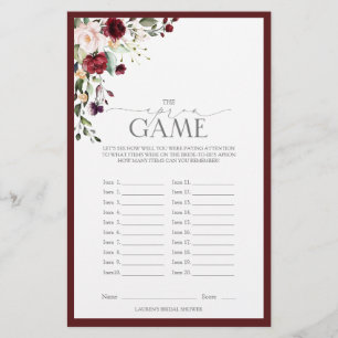 Lámina Burgundy Watercolor Floral Bridal Shower Game