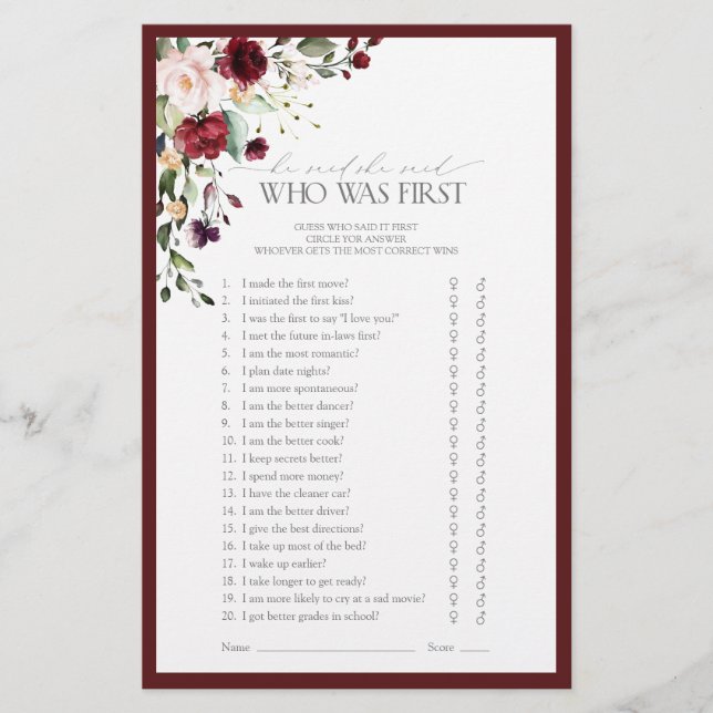 Lámina Burgundy Watercolor Floral Bridal Shower Game (Anverso)