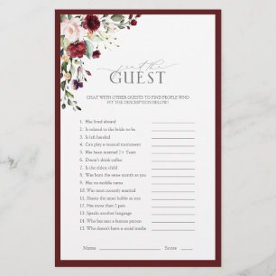 Lámina Burgundy Watercolor Floral Bridal Shower Game