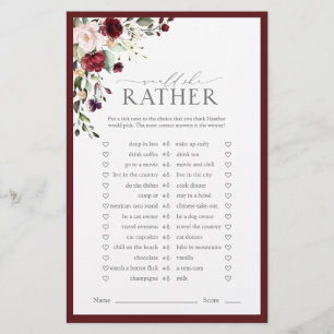 Lámina Burgundy Watercolor Floral Bridal Shower Game