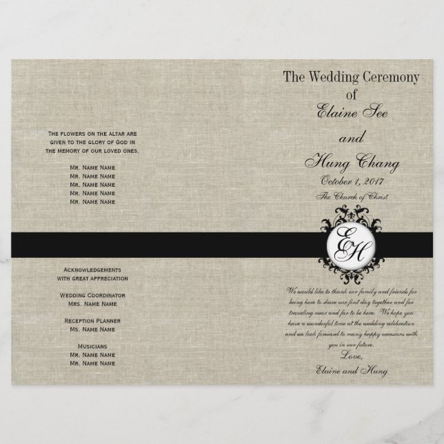 Lámina Burlap Linen Black Wedding Program Moda Monograma (Anverso)