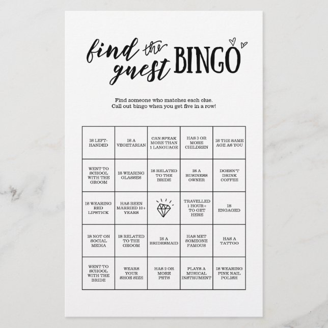Lámina Buscar juego de bingo invitado para Boda o novia (Anverso)