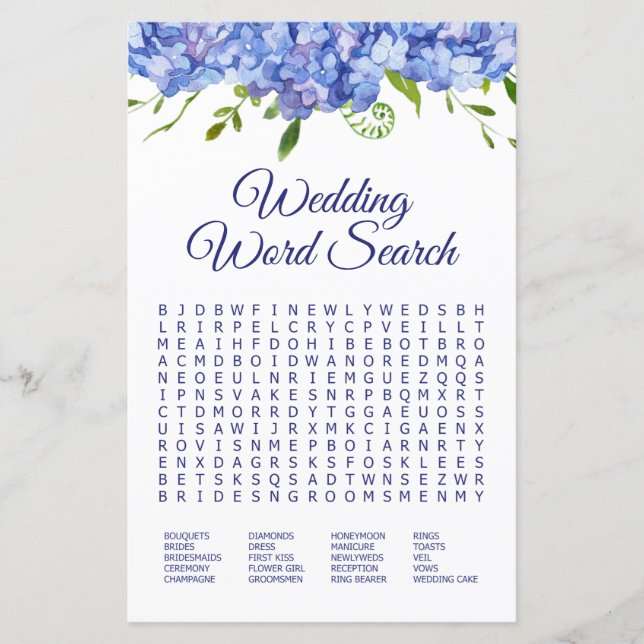 Lámina Búsqueda de Palabras de Boda Hydrangeas Azules (Anverso)