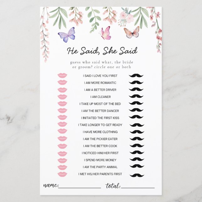 Lámina Butflies Bridal Shower Game Dijo Que (Anverso)