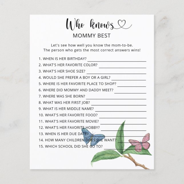 Lámina Butterflies ducha de bebé, quién conoce mejor a ma (Anverso)