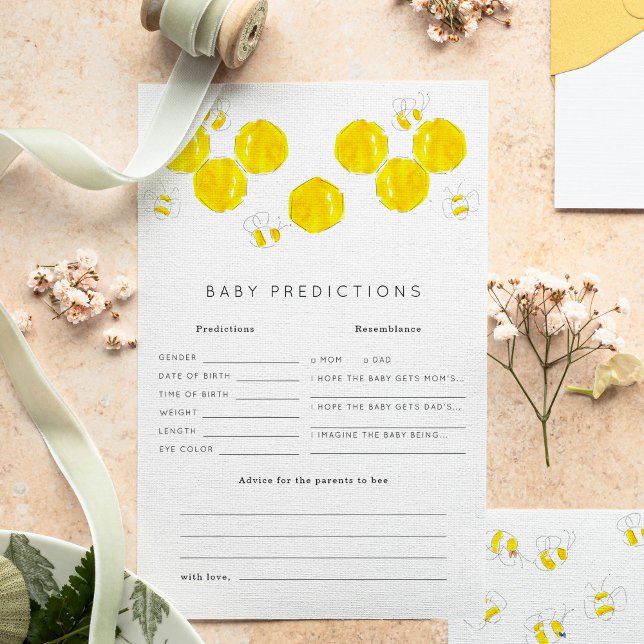 Lámina Buzzing Bees Baby Predictions Juego de Baby Shower (Yellow watercolor bees and honeycomb Baby Shower baby predictions game sheets.)