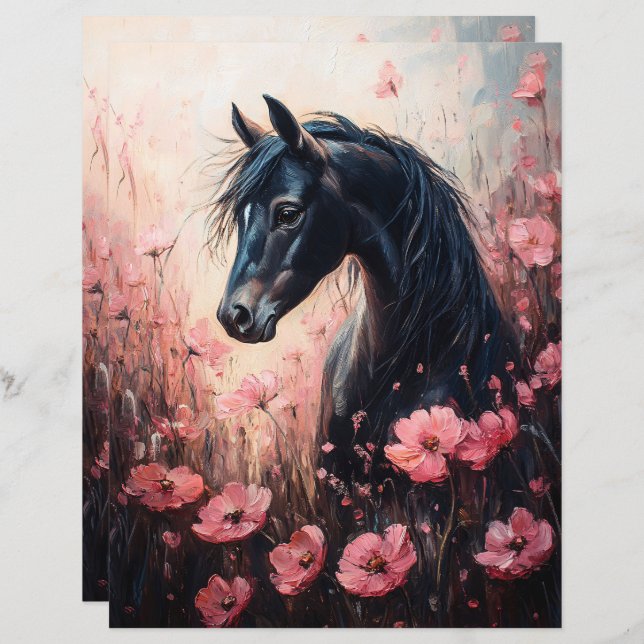 Lámina Caballo con papel de cuaderno de flores silvestres (Anverso / Reverso)