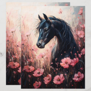 Lámina Caballo con papel de cuaderno de flores silvestres