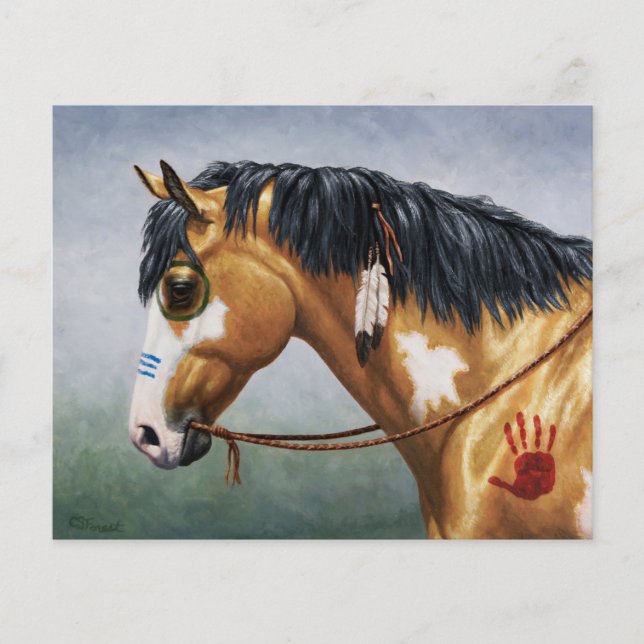 Lámina Caballo de Guerra Nativo Americano Buckskin Pinto (Anverso)