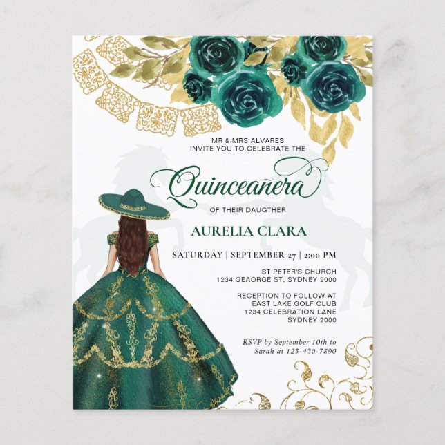 Lámina Caballo verde esmeralda floral presupuestal Quince (Anverso)