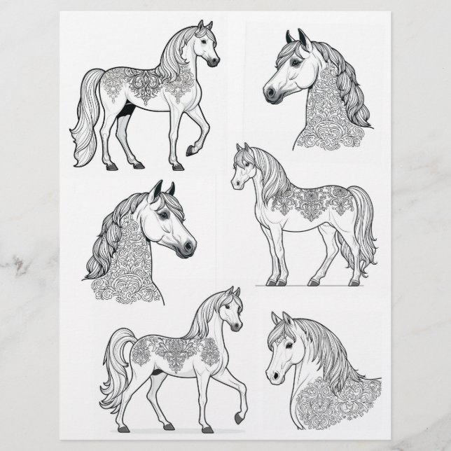 Lámina Caballos de diseño de damasco de arte de línea (Anverso)