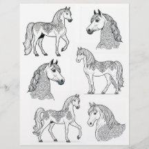 Caballos ornamentales Tattoed B&W Line-Art