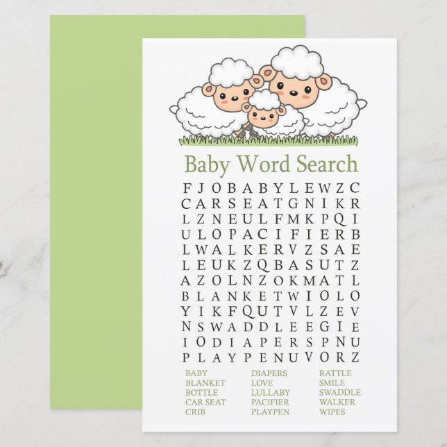 Lámina Cables corderos Baby Shower Word Search Game (Anverso / Reverso)