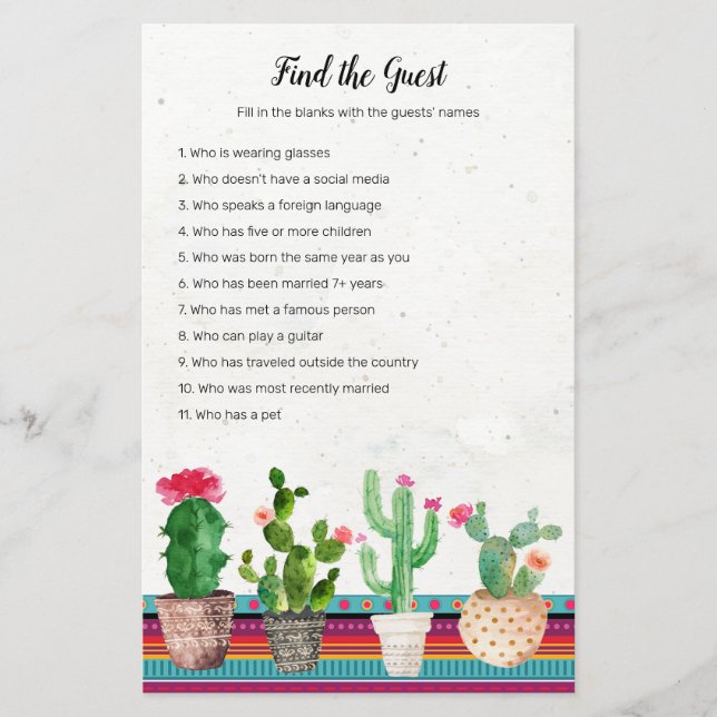 Lámina Cactus Fiesta Encuentra el juego de los invitados (Anverso)