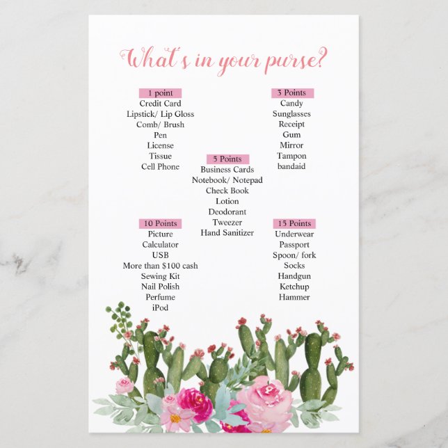 Lámina Cactus mexicano rosado ¿Qué hay en tu bolso? (Anverso)