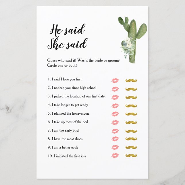 Lámina Cactus Taco 'acerca del amor Dijo que decía Juego (Anverso)