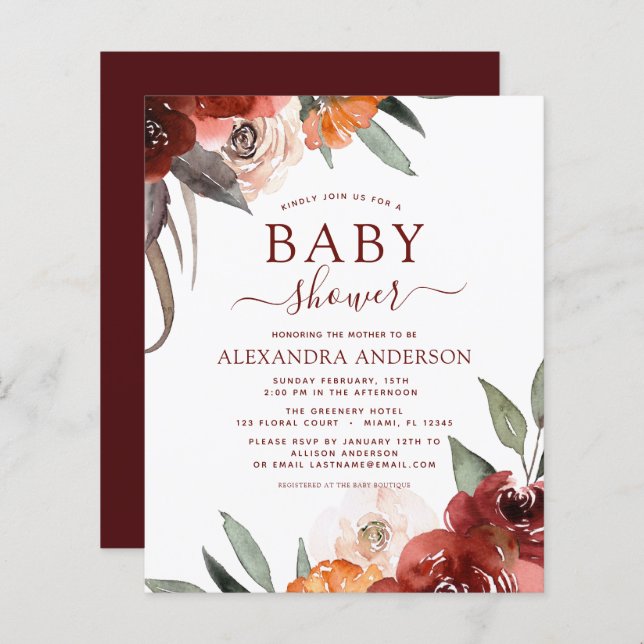 Lámina Caída del presupuesto Floral Baby Shower en Borgoñ (Anverso / Reverso)