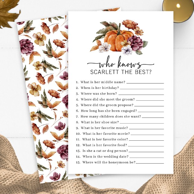 Lámina Caída Que Conoce El Juego De Las Novias (Fall Who Knows The Bride Game Fall In Love Bridal Shower Pumpkin Florals by Painted Paperie)