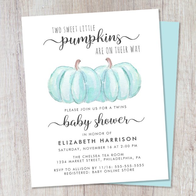 Lámina Calabaza Azul Twin Baby Boys Invitación a la ducha (Celebrate the upcoming arrival of your autumn twin baby boys with a pumpkin-themed baby shower)