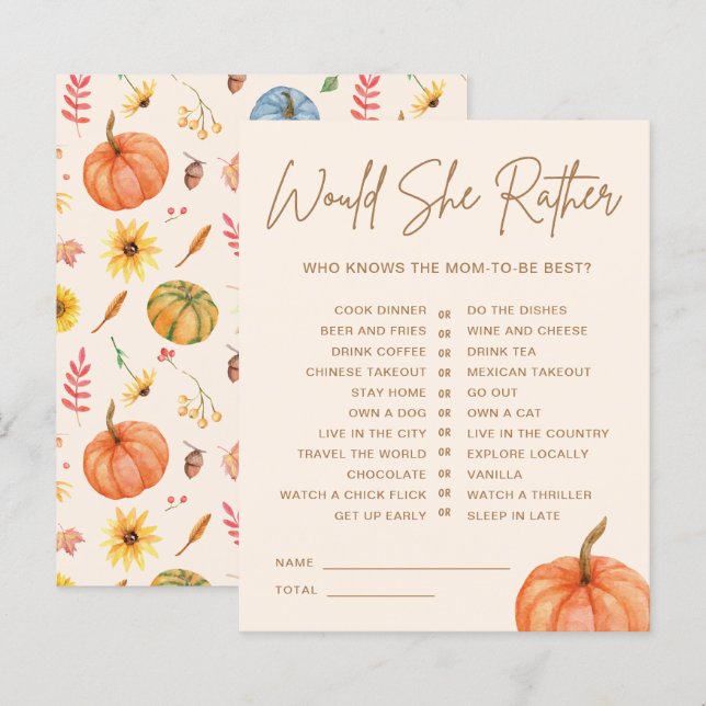 Lámina Calabaza Caída Prefiere Un Juego De Baby Shower (Anverso / Reverso)