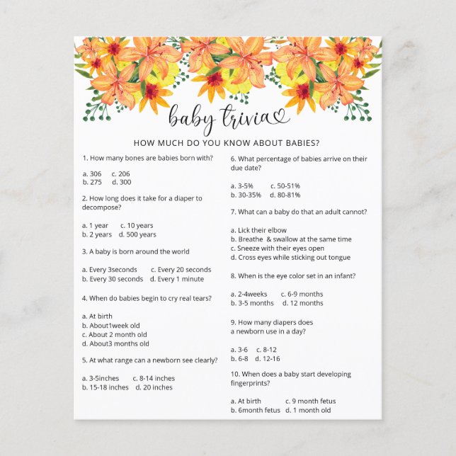 Lámina Calabaza de otoño Bebé Trivia | Juego Baby Shower (Anverso)