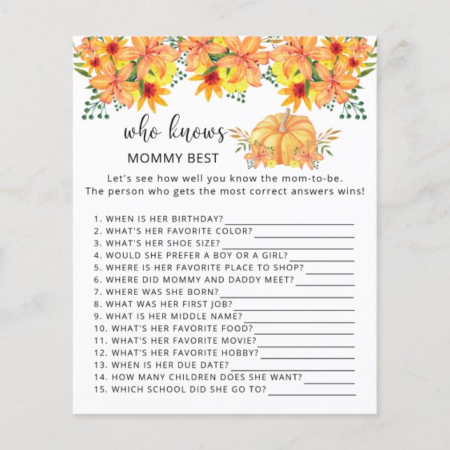 Lámina Calabaza de otoño floral Quién conoce mejor a mamá (Anverso)