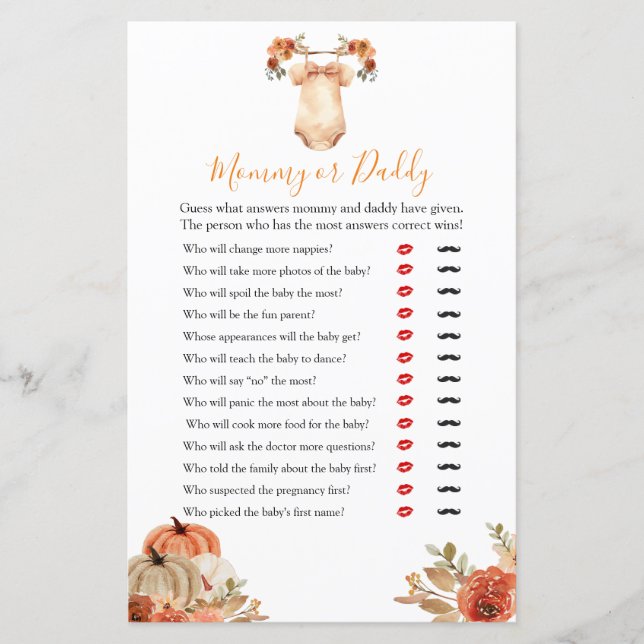 Lámina Calabaza de otoño Ropa de bebé floral Mami o Daddy (Anverso)