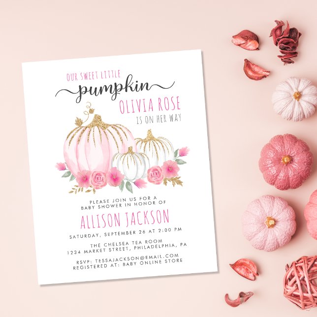 Lámina Calabaza Floral Acuarela Bebé Chica Ducha Invitaci (Celebrate the upcoming arrival of your sweet autumn baby girl with a pumpkin-themed baby shower)