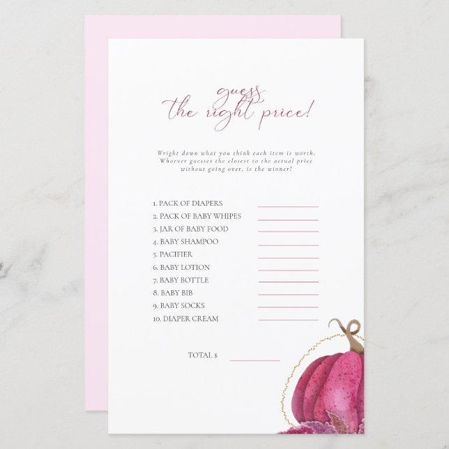 Lámina Calabaza Rosa Adivina El Juego De Baby Shower De P (Anverso / Reverso)