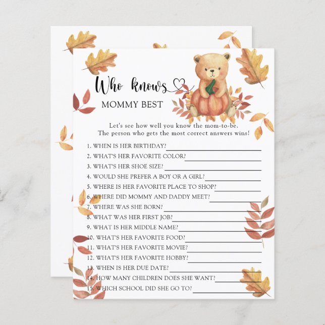 Lámina Calabaza y oso - Quién conoce a mamá mejor juego (Anverso / Reverso)