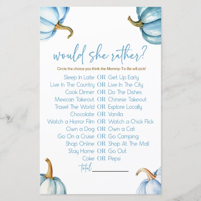 Lámina Calabazas Azules Prefiere Un Juego De Baby Shower (Anverso)