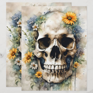 Lámina Calavera acuarela con papel de cuaderno de flores