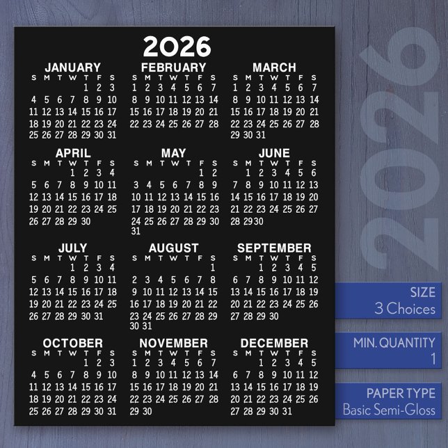 Lámina Calendario - Año completo Papel plano negro básico (2026 Calendar)
