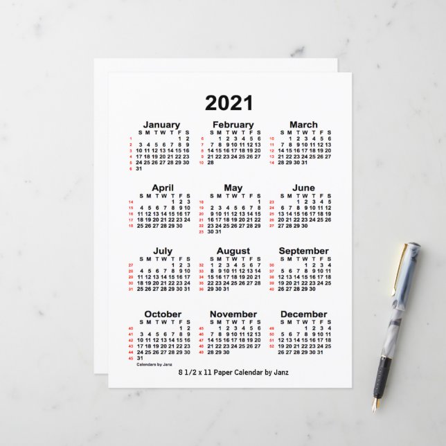 Lámina Calendario blanco de 52 semanas de 2021, de 8.5x11 (Anverso/Reverso In Situ)