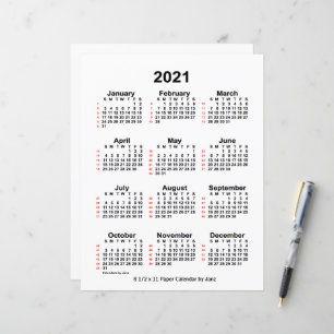 Lámina Calendario blanco de 52 semanas de 2021, de 8.5x11