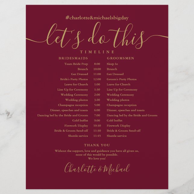 Lámina Calendario de Boda de Borgoña y Oro (Anverso)