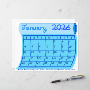 Lámina Calendario de enero de 2026 en fuente de tela pern