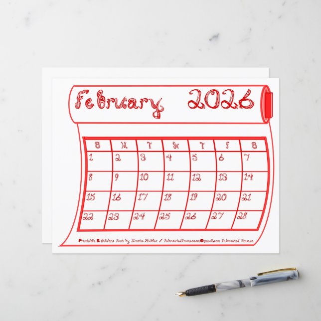 Lámina Calendario de febrero de 2026 Fuente de tela perno (Anverso/Reverso In Situ)