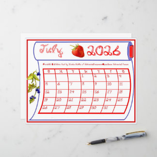 Lámina Calendario de Julio de 2026 Fuente de Tela Rojo Az
