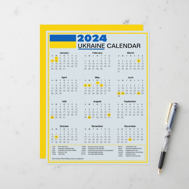 Lámina Calendario de Ucrania 2024 con festividades en Ucr (Anverso/Reverso In Situ)