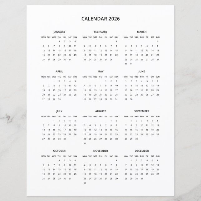 Lámina Calendario Imprimible Minimalista Moderno 2026 en  (Anverso)