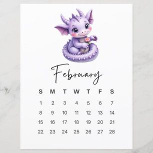 Lámina Calendario Mensual de Fantasía Dragón Bebé de Febr